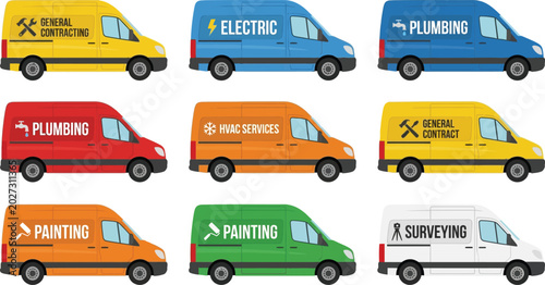 Slika na platnu A collection of various service vans with different trade logos and colors depic