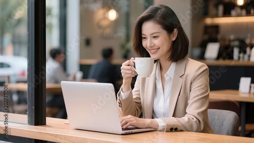 Young Asian Woman Working on Laptop in Trendy Modern Coffee Shop