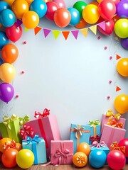 Colorful balloons bunting with gift boxes frames a birthday party border set, bunting, presents