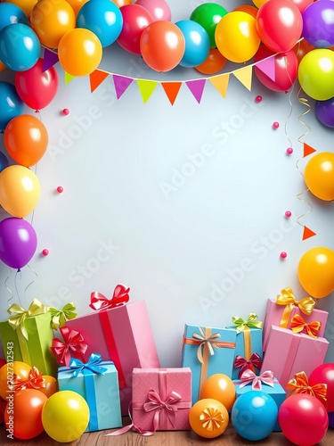Colorful balloons bunting with gift boxes frames a birthday party border set, bunting, presents