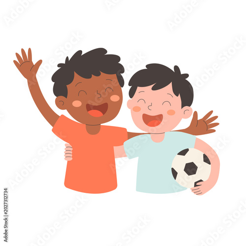 Two happy hugging boys, best friends and football players or fans. Friendship and team spirit concept.