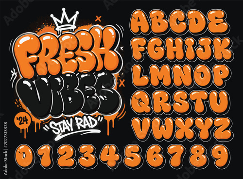 Graffiti bubble font alphabet vector set, colorful street art typography with letters and numbers for t-shirt design