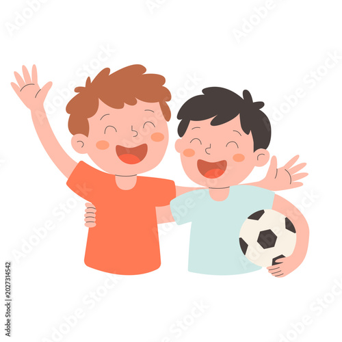 Vector illustration of two happy hugging boys, best friends and football players or fans. Friendship and team spirit concept.