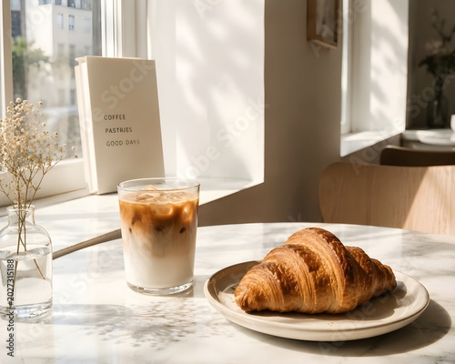 buttery croissant and latte on marble café table, warm sunrise shadows