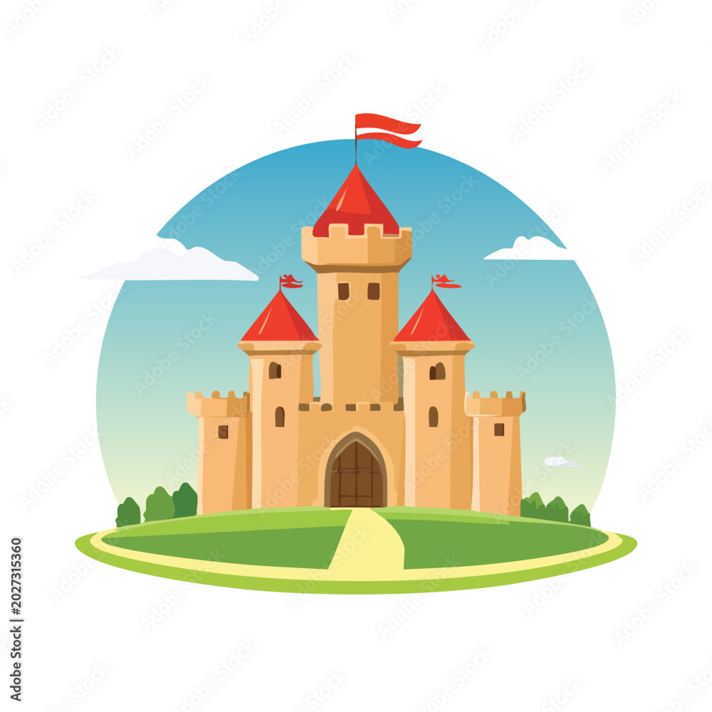 Naklejka premium Cartoon castle illustration fortress with red flags against a sky