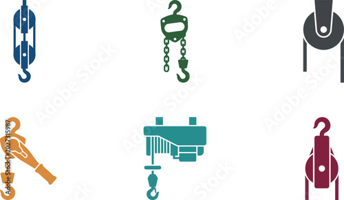 Foto Collection of industrial lifting equipment icons including pulley systems hoists