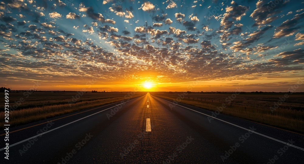 Fototapeta premium Asphalt road stretching under a glowing horizon with scattered clouds