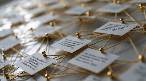 Close-up detail of an early startup's product market fit evidence board, index cards connected by string pinned to a garage wall, each card a verbatim customer quote requeng the same core feature, t