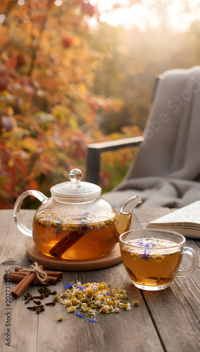 Healthy organic tea in teapot on wooden table.  vitamin tea for immunity. flower tea. cup of autumn tea. warming drink in autumn. atmospheric tea drinking in the garden