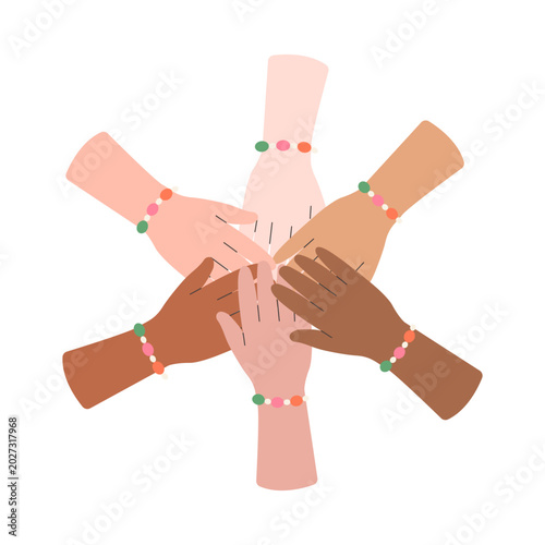 Hands of Different Skin Tones Stacked Together for International Friendship Day