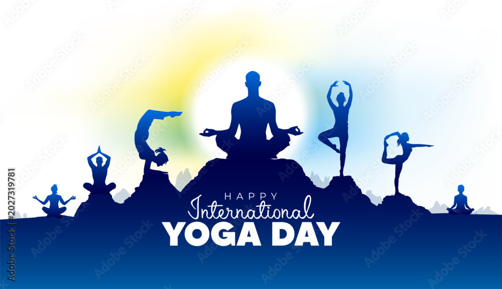 Naklejka premium Happy International Yoga Day text and background, featuring silhouette vector illustrations of a group of people practicing yoga, body stretches, wellness, and fitness exercise poses.