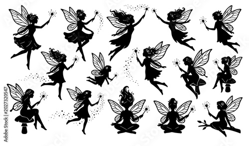 Canvas-taulu Magical fairy silhouette collection with wings and wands vector illustration