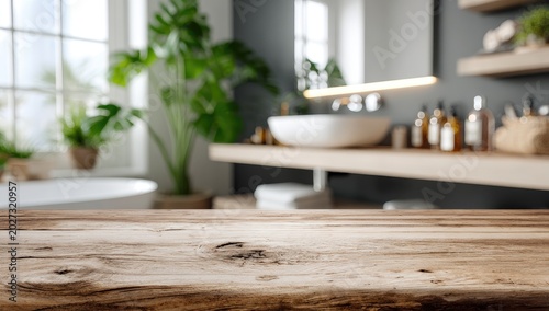 Blurred modern bathroom with plants, bathtub, sink, shelves, and wooden counter