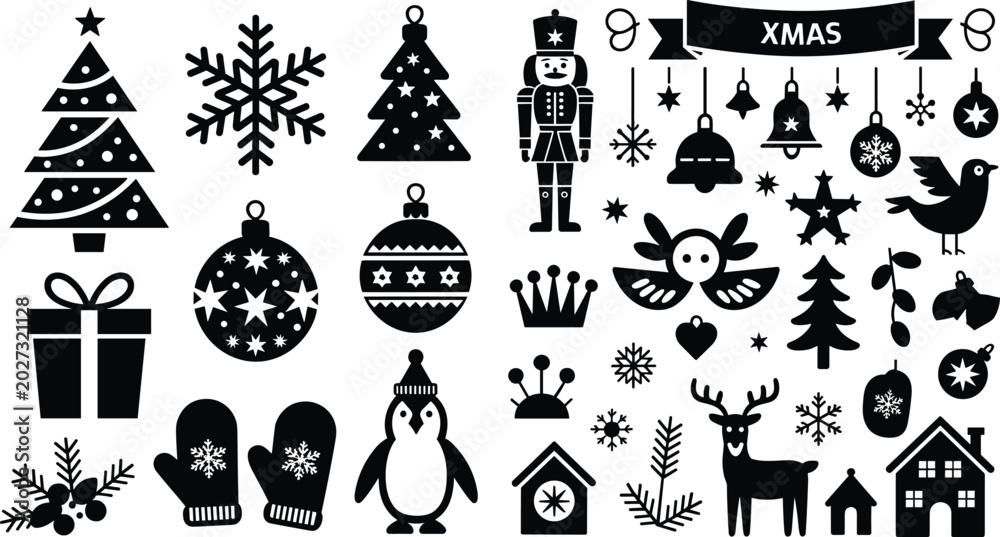 Fototapeta premium Christmas Holiday Silhouette Icon Collection Vector Illustration with Tree, Snowflake, Gift, Reindeer, Penguin, and Festive Winter Design Elements