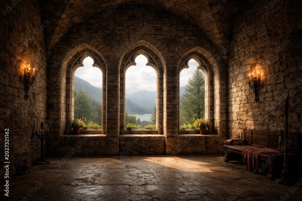 Naklejka premium Interior of a historic castle with three arched windows in a rugged stone wall overlooking distant natural scenery