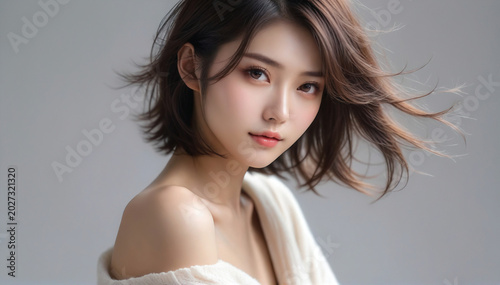A portrait of a beautiful young woman looking back. Beautiful natural face, beauty image. 
振り返る美しい若い女性のポートレート。美しい素顔、美容イメージ。