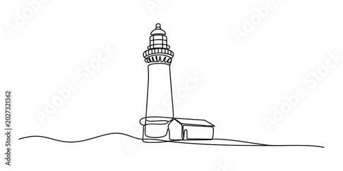 Continuous single line drawing of a tall lighthouse building located on a rocky coastal shoreline in a simple minimalist black and white style Vector, illustration