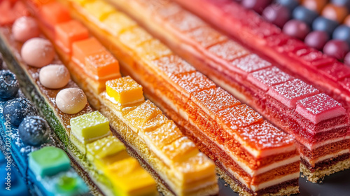 Assortment of colorful candies and gummy candies arranged in rainbow spectrum with gummy candy fruit flavor party favors children s treats