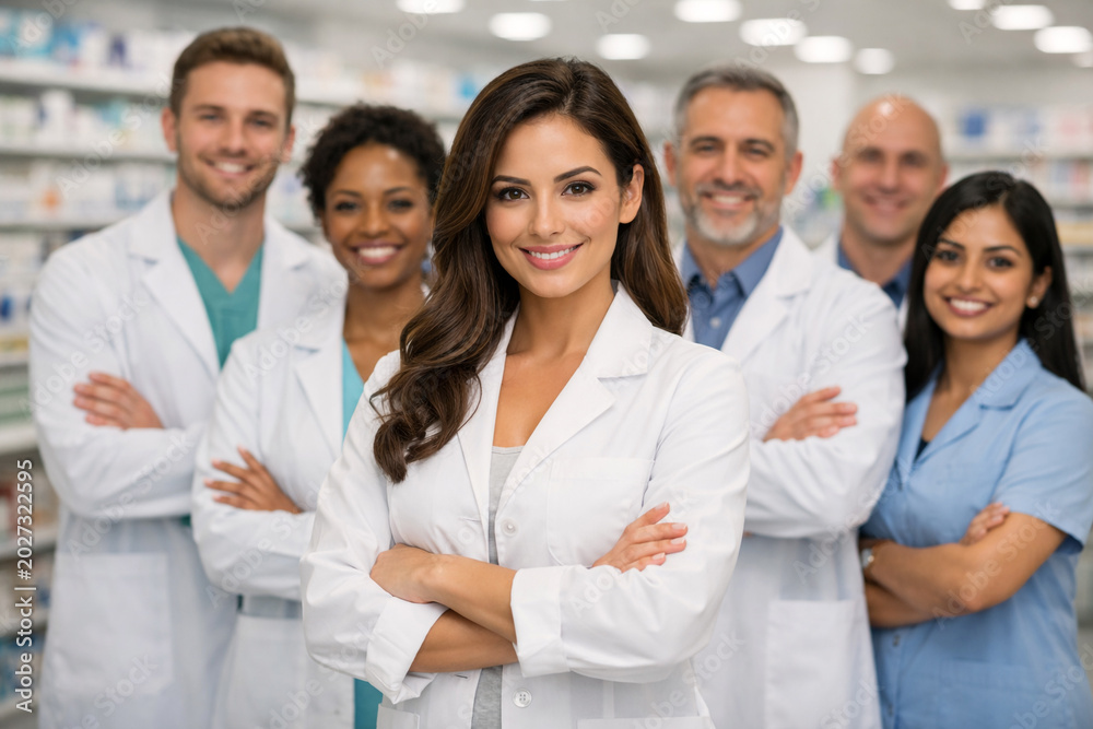Fototapeta premium Diverse pharmacy team standing in modern pharmacy store. confident female pharmacist in front, pharmacy assistants healthcare staff, medical retail environment, professional healthcare group portrait