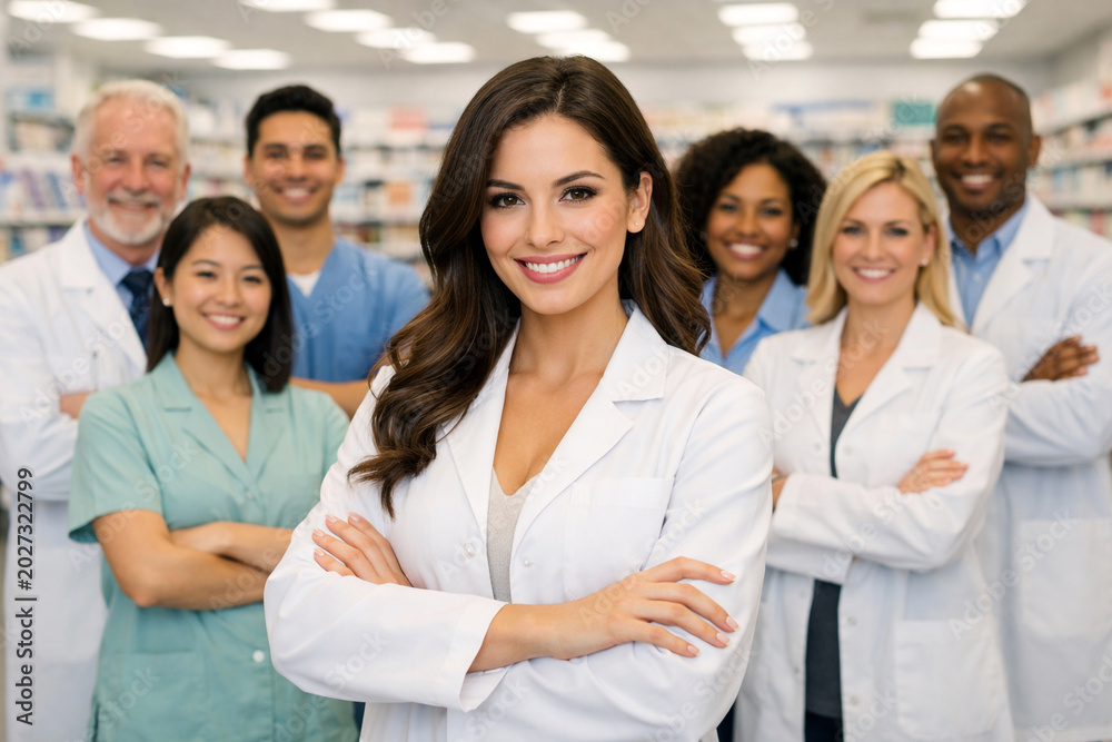 Fototapeta premium Diverse pharmacy team standing in modern pharmacy store. confident female pharmacist in front, pharmacy assistants healthcare staff, medical retail environment, professional healthcare group portrait