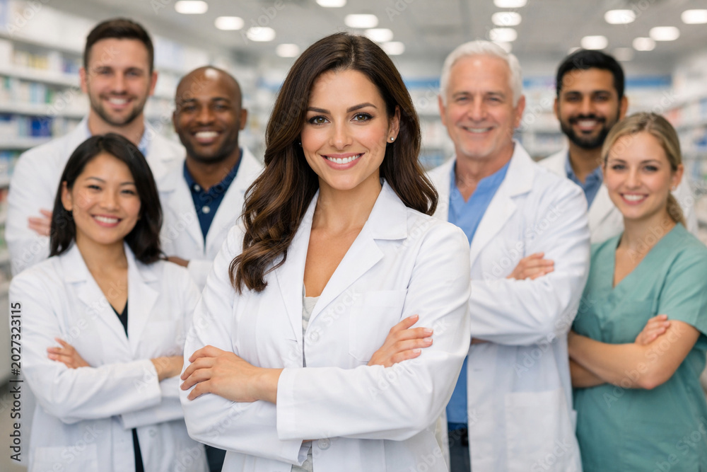 Fototapeta premium Diverse pharmacy team standing in modern pharmacy store. confident female pharmacist in front, pharmacy assistants healthcare staff, medical retail environment, professional healthcare group portrait