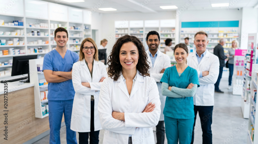 Fototapeta premium Diverse pharmacy team standing in modern pharmacy store. confident female pharmacist in front, pharmacy assistants healthcare staff, medical retail environment, professional healthcare group portrait