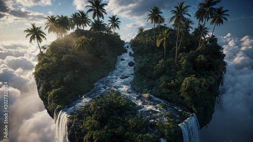 Floating Heart Shaped Island Above Clouds with Waterfalls – Epic Cinematic Fantasy Landscape