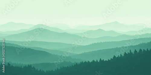 Foto Hazy mountain ranges fade into soft, ethereal mist, creating a serene and tranquil landscape