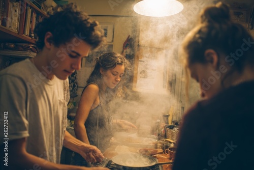 friends cooking together in small shared apartment kitchen, flour dust floating. Co-living cooking chaos, housemates baking, messy teamwork fun. candid house sharing moment. Coliving apartments.