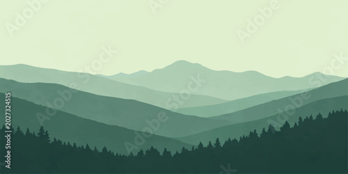 Canvas Print Rolling hills fade into the distance, a serene vista of layered mountain ranges under a pale, hazy sky, evoking a sense of calm and vastness