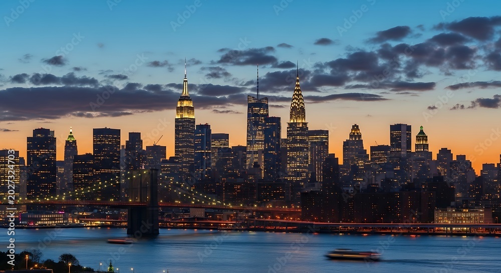 Obraz premium Illuminated cityscape with iconic skyscrapers and a bridge at dusk
