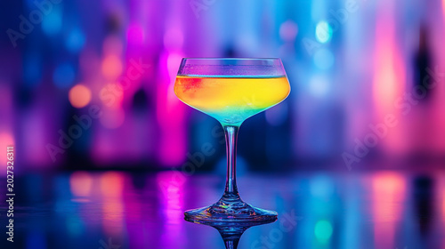 Colorful cocktail in a stemmed coupe glass on a reflective surface with neon pink and blue bokeh disco bar lighting cocktail nightlife beverage