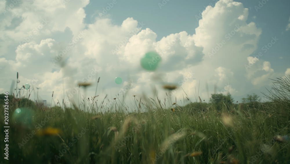 Fototapeta premium Blurred soft green glowing orbs in a meadow with a serene sky background