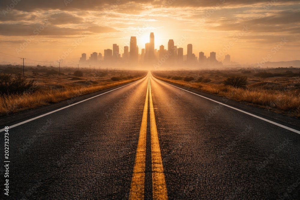 Fototapeta premium Straight asphalt surface road approaching silhouetted buildings far away