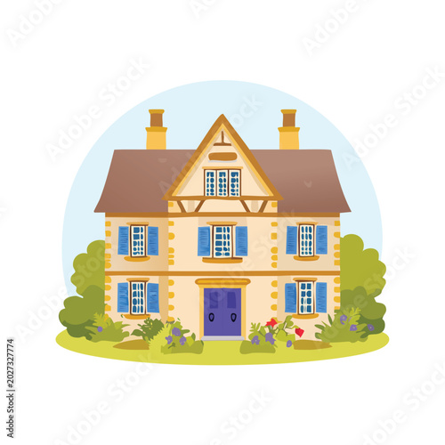 Illustrated two story house with blue shutters and a gabled roof