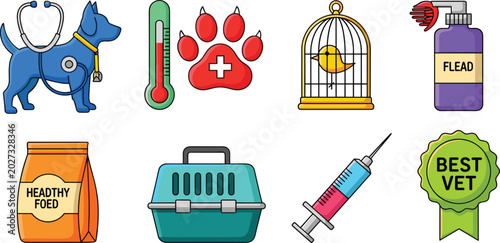Photos Set of Ten Veterinary and Pet Care Vector Illustrations Featuring Dog Health, Bi
