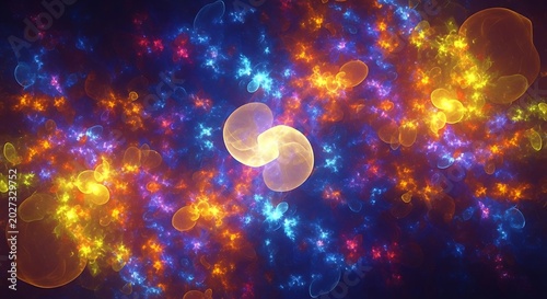 Symmetrical cosmic nebula with glowing clusters, organic shapes, and vibrant colors