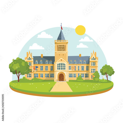 Illustrated university building with tower sunny day vector style