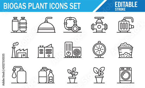 Green Industry Icons Collection with Biogas, Biomass and Recycling Elements