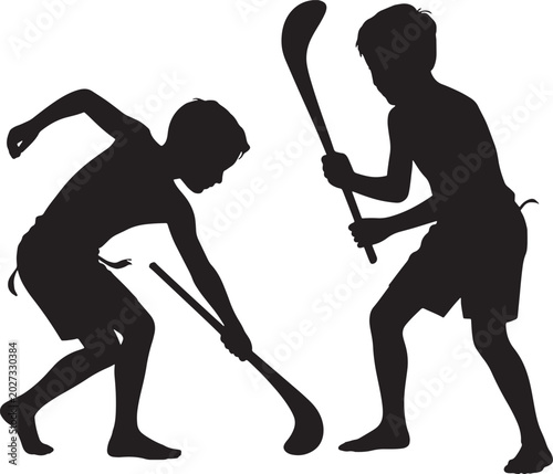 Photography Silhouette of two boys playing hockey on a white background