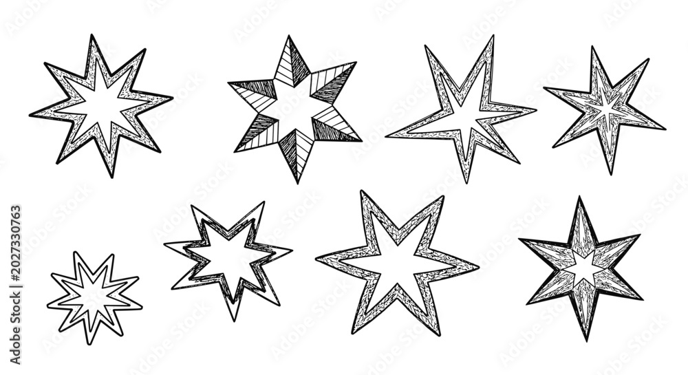 Obraz premium Collection of hand-sketched six and eight-pointed stars with different shading and stippling textures on a plain white background.
