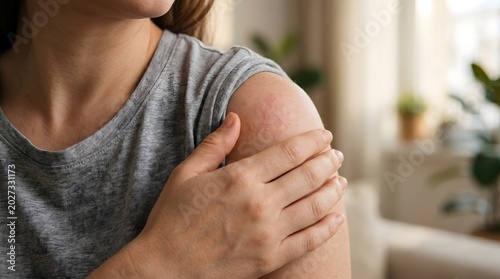 Close-up of a woman touching a red skin rash on her shoulder. Concept of skin allergy, irritation, eczema, or dermatitis. Healthcare and dermatology background showing sensitive skin inflammation
