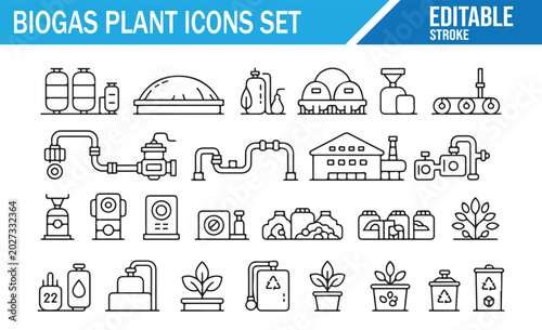 Fotografía Biogas Production Icon Set with Farm Waste, Gas Storage and Eco Power