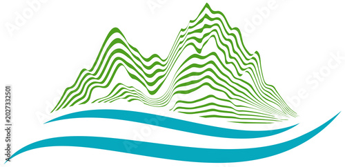 Abstract layered mountains with waves next to them