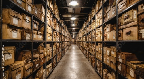 Vast archive, dimly lit, filled with endless rows of old storage boxes