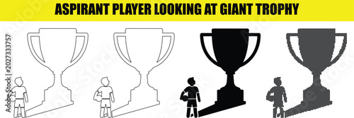 Tableau sur toile Aspirant player looking at giant trophy silhouette vector collection in solid line and pixelated art styles