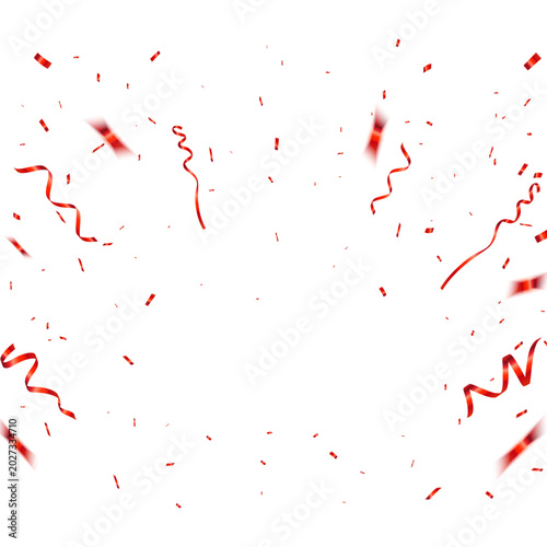 Photos Elegant party background featuring shiny red confetti pieces and decorative curled ribbons framing an empty center area for text or design