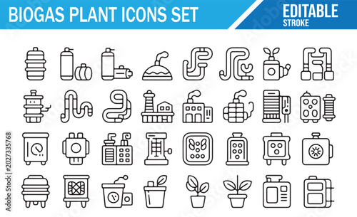 Biogas Plant Line Icons Set with Renewable Energy, Biofuel, Digester, Gas Tank, Pipeline, Farm Waste, Eco Power and Sustainable Industry Symbols