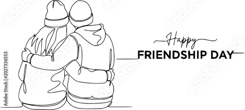 Canvastavla One line drawing of two people sitting together in beanies hugging with Happy Friendship Day text isolated on transferent background for greeting card or social media
