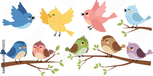 Photos Cute Bird Collection Vector Illustration with Colorful Cartoon Sparrows, Tree Br